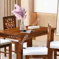 Ensemble de table à manger rectangulaire en bois massif artisanal écologique de luxe pour 4 personnes, chaises sculptées ornées, de qualité supérieure