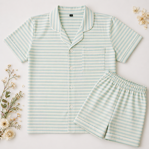 Ensemble de pyjama en coton imprimé à rayures verticales florales, fait main, tissé, pour le printemps et l'été, tenue de détente élégante, pyjama de nuit Q - Product Image 1