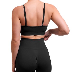 Ensemble de leggings et soutien-gorge de sport pour femmes, qualité supérieure, noir uni, tricoté en spandex/polyester, extensible, respirant, séchage rapide, coupe ajustée - Product Image 6