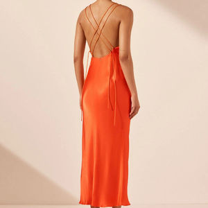 Women's Elegant Sheath Satin Silk Maxi Gown Delicate <b>Spaghetti</b> Straps V-neck Backless Design Criss-cross Decoration Breathable - Product Image 5
