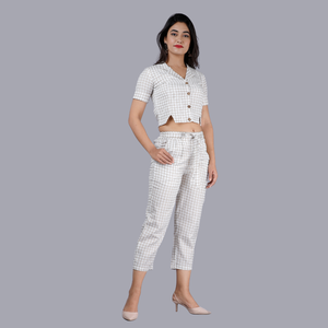 Women Casual White Check Print Co Ord <b>Set</b> Cropped Collared Button <b>Top</b> Short Sleeve High Waist Ankle Length <b>Trousers</b> 100% Cotton - Product Image 3