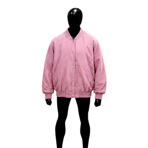 Chaqueta universitaria rosa de lana para hombre y mujer, chaqueta bomber extragrande personalizada con cierre de botones a presión, cuello, puños y dobladillo acanalados. - Product Image 1