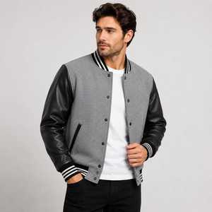 Veste varsity en laine grise pour homme avec manches en cuir PU noir, col rayé, fermeture à boutons - Product Image 3