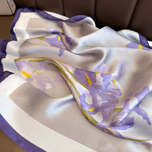 Purple Luxury Floral Print 70cm Silk Square Scarf Women Soft <b>Satin</b> Hairband Hands Bag Ribbons Foulard Neckerchief <b>Headband</b> Hijab - Product Image 5