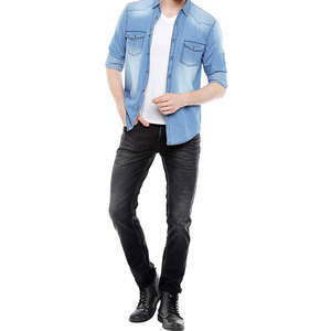 Chemise en jean bleu délavé pour homme, manches longues, coupe décontractée et confortable, mode automne 2026, haut en jean OEM, vente en gros de vêtements - Product Image 1