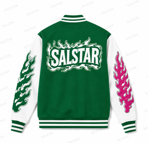 เสื้อแจ็คเก็ตเบสบอลสีเขียวขาวแบบกำหนดเองสำหรับผู้ชาย พร้อมลายปักกราฟิกสีชมพู, เสื้อแจ็คเก็ตบอมเบอร์สไตล์ Letterman สำหรับสตรีทแวร์ ผลิตโดยผู้ผลิตเสื้อแจ็คเก็ตบอมเบอร์ - Product Image 4