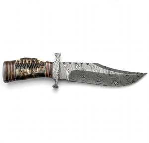 Cuchillo de exhibición de hoja fija de acero de Damasco con diseño de gota de lluvia, hecho a mano, con mango de asta de ciervo y nogal - Product Image 3