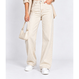 Jeans de Mezclilla de Cintura Alta y Pierna Ancha para Mujer con Lazos Cruzados en la Parte Trasera Color Crudo Natural - Venta al Por Mayor - Product Image 4