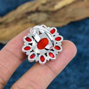 Wholesale Handmade 925 Sterling Silver Red Coral Cluster <b>Ring</b> Opaque Gemstone Flower <b>Statement</b> <b>Rings</b> For Women Bulk Jewelry - Product Image 3