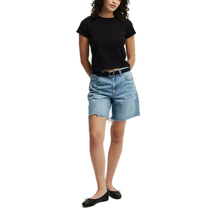 T-shirt court noir pour femme, manches courtes, col rond, coupe ajustée, couleur unie, 100% coton jersey, décontracté, respirant, tricoté - Product Image 4