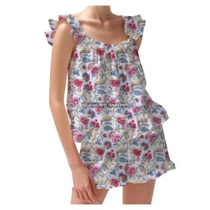 Luxury Shorts Pajama Set Premium Cotton Block Print Spring/Summer Floral Fitted Strappy Ruffle <b>Trim</b> Sleeves PJ Set - Product Image 2
