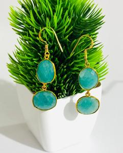 Boucles d'oreilles en calcédoine aqua naturelle, plaquées or, serties de pierres, bijoux de mode indiens de luxe pour femmes, mariage nuptial - Product Image 3