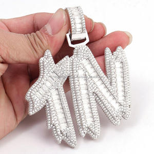 Pendentif initial TW de créateur avec pierres en moissanite taille baguette en argent sterling 925, collier tendance hip-hop - Product Image 4