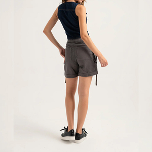 High Waisted <b>Cargo</b> Shorts For Women Solid Color Canvas Workwear Style With Pockets Button Fly Breathable Short Shorts - Product Image 2
