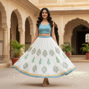 Falda Artesanal con Estampado Jaipuri, Falda de Algodón para Mujer, con Forro Astar, Ribete en Contraste, Cordón Ajustable, Estilo Étnico - Product Image 2