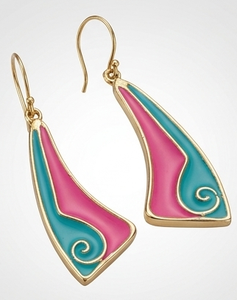 Pendientes de latón artesanales con esmalte vibrante rosa y azul, regalo moderno hecho a mano para la elegancia atemporal de la mujer, flores en plena floración - Product Image 4