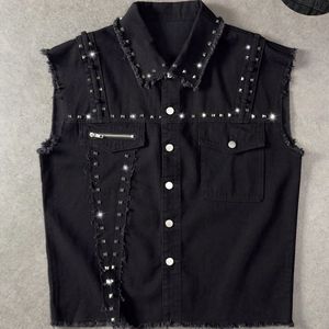 Custom Black Studded Denim Vest for Men <b>Punk</b> Streetwear Sleeveless Button Up <b>Jacket</b> OEM ODM Wholesale Factory Apparel Pro Export - Product Image 1
