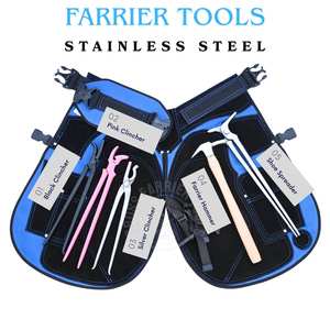 Kit d'outils de fermeur avec tablier en cuir, marteau à clous, écarteur de sabots, clincher rose, clincher courbé et clincher alligator - Product Image 3