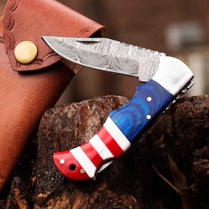 Navaja Plegable de Acero de Damasco con Hoja de Punta Caída, Mango con Bandera Americana Roja, Blanca y Azul, Cierre Trasero, Navaja de Bolsillo EDC, Equipo de Supervivencia OEM - Product Image 1