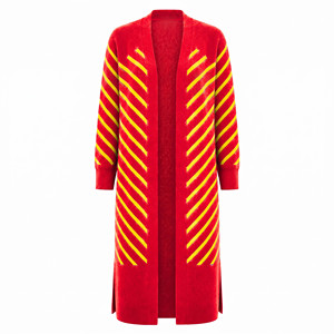 <b>Women</b> Long <b>Red</b> Knitted <b>Cardigan</b> With Yellow Stripes Open Front Casual Winter Wear 100% Acrylic Anti-Pilling Full Sleeve - Product Image 1