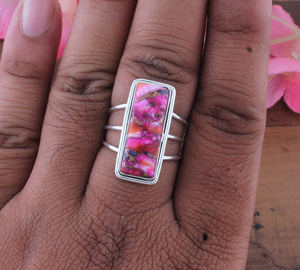 925 <b>Sterling</b> <b>Silver</b> Women's Classic Pink Copper Amethyst Bezel Setting Long Rectangle Composite Stone Multi <b>Wire</b> Split Band Ring - Product Image 2