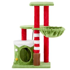 32in Christmas Themed Plush Cat Tree Cat Scratching Posts Tower with Cat Condo Hammock and Activity CE for Cat Massage Brush - Product Image 1