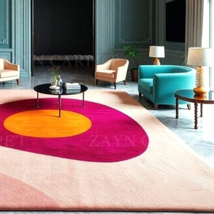 Tapis en laine tufté à la main, motif cercle abstrait rose, tapis géométrique moderne pour salon, chambre à coucher, décoration intérieure, fournisseur en gros - Product Image 2