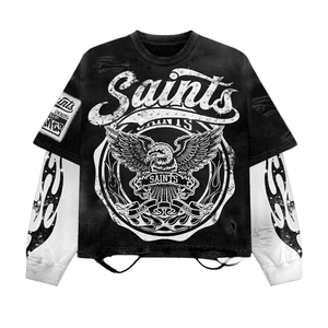 T-shirt court pour homme 300 GSM - Coupe ample style vintage streetwear avec manches longues imprimées et effet vieilli unisexe - Product Image 2