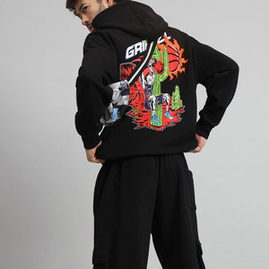 Men's Black Hooded Tracksuit Solid Color Casual Full Sleeve Cotton Sweatshirt and Cargo <b>Pants</b> Set with Front Logo Print - Product Image 6