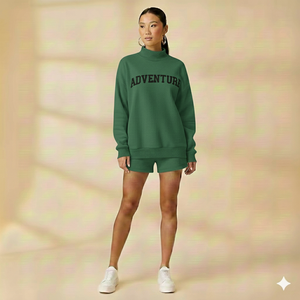 100% Cotton Material Street And Casual Wear Women Mockneck And Shorts <b>Set</b> Soft Knitted Customized Logo Printing - Product Image 5