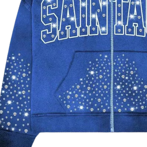 Blue Rhinestone Hoodie Zip Up Men Custom Logo Cotton Fleece Oversized Streetwear Sweatshirt Tracksuit Top Wholesale Supplier - Product Image 3