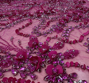 Última tela de encaje para vestido de novia 2026, color rosa fucsia y con cuentas plateadas, para fabricante de telas personalizadas hechas a mano para novias. - Product Image 3