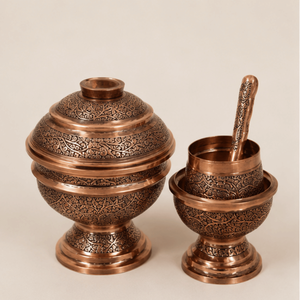 Handmade Oriental Copper Bowl Set Carved Metal <b>Decorative</b> Bowls with <b>Lid</b> and Spoon for Gifting - Product Image 3