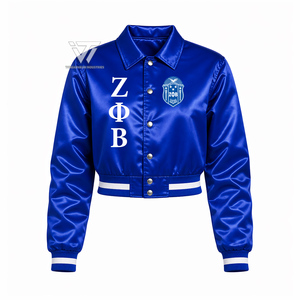 Custom Greek Zeta Phi Beta Sorority Clothing Embroidered Satin Crop Bomber <b>Jacket</b> College <b>Jacket</b> Greek Paraphernalia - Product Image 1