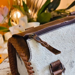 2026 Trending Designer Hand <b>Tooled</b> Brown & White Fur 100% Genuine <b>Leather</b> Mini Speedy Duffle Bag Vintage Style Handbag For Women - Product Image 5