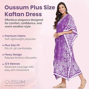 Robe longue kaftan violette à imprimé cachemire, col en V, manches chauve-souris, coupe ample, style bohème décontracté d'été avec ourlet fendu - Product Image 2