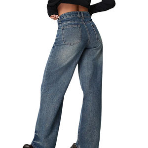Jean en denim taille haute à jambe large pour femme, coupe ample, style vintage délavé, longueur intégrale, pantalon décontracté en coton pour l'automne - Product Image 2