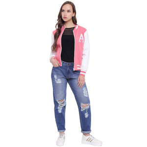 Veste universitaire rose pour femme, décontractée, avec blocs de couleur, fermeture éclair, col rabattable, en polaire, pour l'automne - Product Image 4