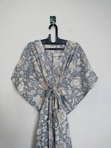 Robe Kaftan Indienne Faite Main en Coton Imprimé Floral et Dentelle, Col en V, Longueur Genou, Style Vintage, Coupe Évasée, Cache-Maillot de Plage - Product Image 6