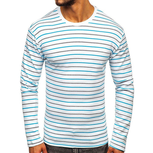 Camiseta de Manga Larga a Rayas para Hombre, Cuello Redondo, Tejido de Punto, Corte Regular, Informal, Diseño Estampado en Blanco, Azul y Gris - Product Image 1