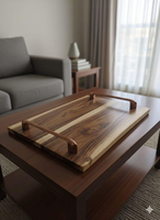 Plateau en bois naturel non poli, fait main, de forme Art Déco, pour la présentation d'aliments, de services à thé ou de paniers-cadeaux