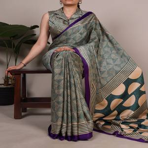 Sari en satin mat de créateur VASTRA COTTAGE avec motifs fantaisie, en soie douce, sari traditionnel avec chemisier assorti non cousu pour femme - Product Image 1