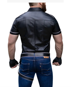 Wholesale Price Men's Faux Leather <b>T</b> <b>Shirt</b> with Chest <b>Pockets</b> Slim Fit Stand Collar Fashion Apparel OEM Service Plain Dyed - Product Image 3
