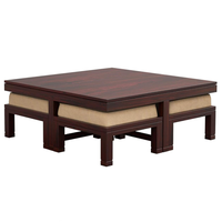 Table basse carrée Smart Art en bois sculpté avec 4 tabourets, décoration de salon, en teck, moderne, faite à la main, réglable