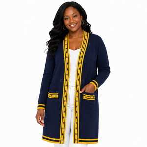 Cosh International Sorority Sisterhood Acrylic <b>Navy</b> <b>Blue</b> Long Knitted <b>Cardigan</b> With Yellow Contrast Trim And Pockets V-Neck - Product Image 3