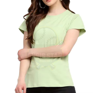 เสื้อยืดลำลองสีเขียวอ่อนสำหรับผู้หญิง คอกลม แขนสั้น ผ้าฝ้าย 100% ระบายอากาศได้ดี พิมพ์ลายโลโก้ ดีไซน์สำหรับฤดูใบไม้ผลิและฤดูร้อน - Product Image 3