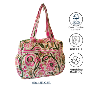 Floral Vintage Zipper Cotton Mommy Diaper Bag Portable Newborn Baby Eco-friendly Block Print <b>Nursery</b> Organizer Long Handles - Product Image 3