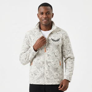 Men's Casual <b>Fleece</b> Jacket Stand Collar <b>Zipper</b> Leaf Print Embroidery Front Polyester Autumn Wear - Product Image 3
