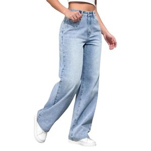 Jean large bleu ciel délavé sur mesure pour femme, style streetwear, en pur coton durable, coupe ample, effet évasé - Product Image 3