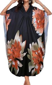 Floral Print Chiffon Maxi Dress V-Neck Batwing Sleeve Loose Boho <b>Summer</b> Casual <b>Kaftan</b> Dress - Product Image 5